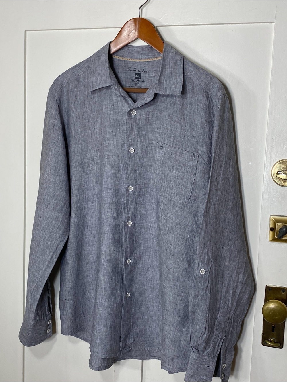 Quiksilver 100% Linen Heather Gray Blue Button-Down Long-sleeve Shirt M